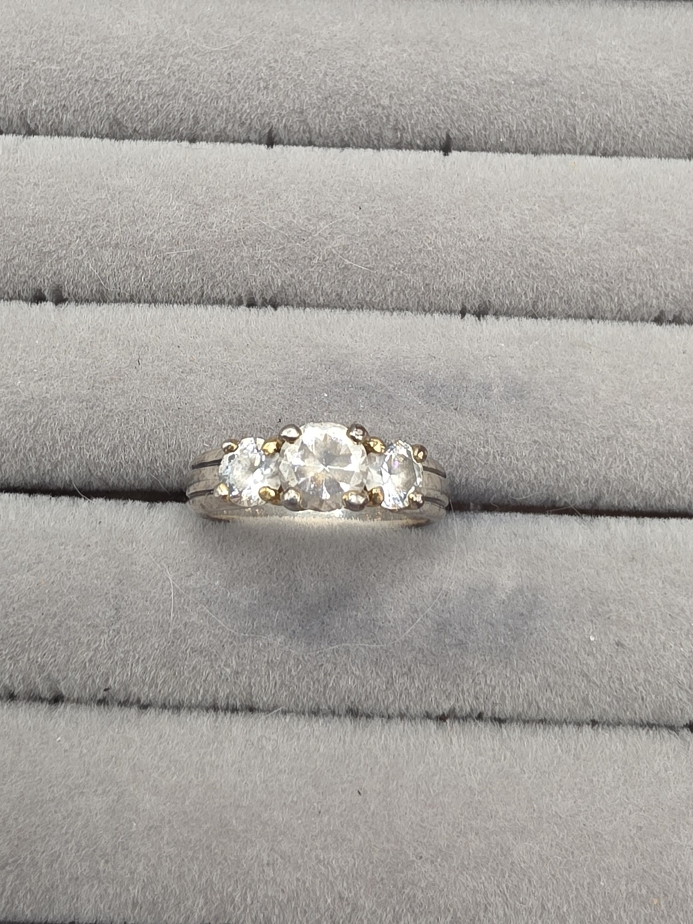 Three-Stone Silver Tone Accent Engagement Ring in White